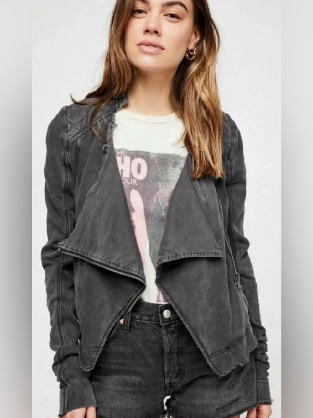 Free People Shrunken Black Acid Washed Women's Moto Jacket